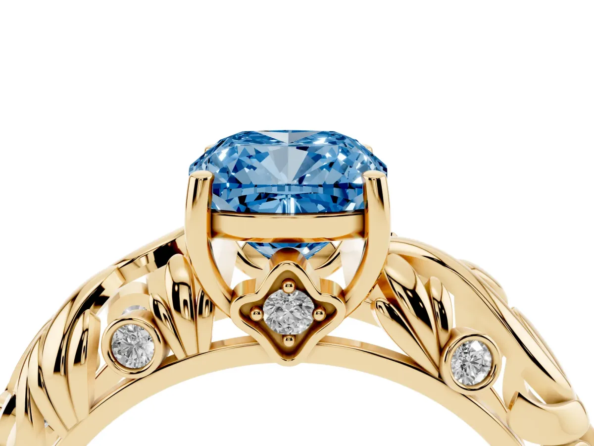 Fancy Blue Cushion Cut Solitaire Diamond Leaf-Inspired Vine Band Ring with Prong Setting Yellow gold