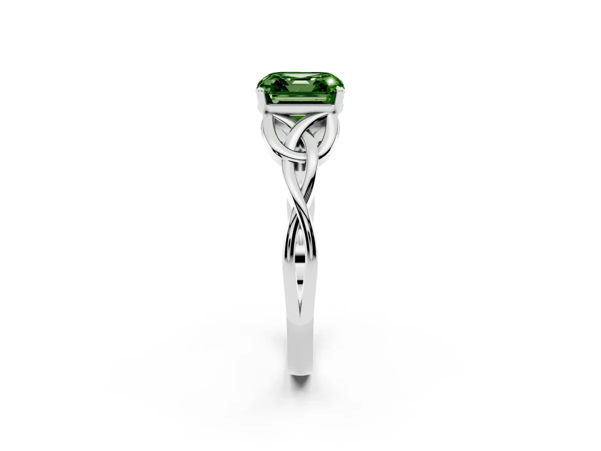 Fancy Green Asscher Cut Diamond Solitaire Engagement Ring with Celtic Knot Band and Four-Prong Setting Platinum