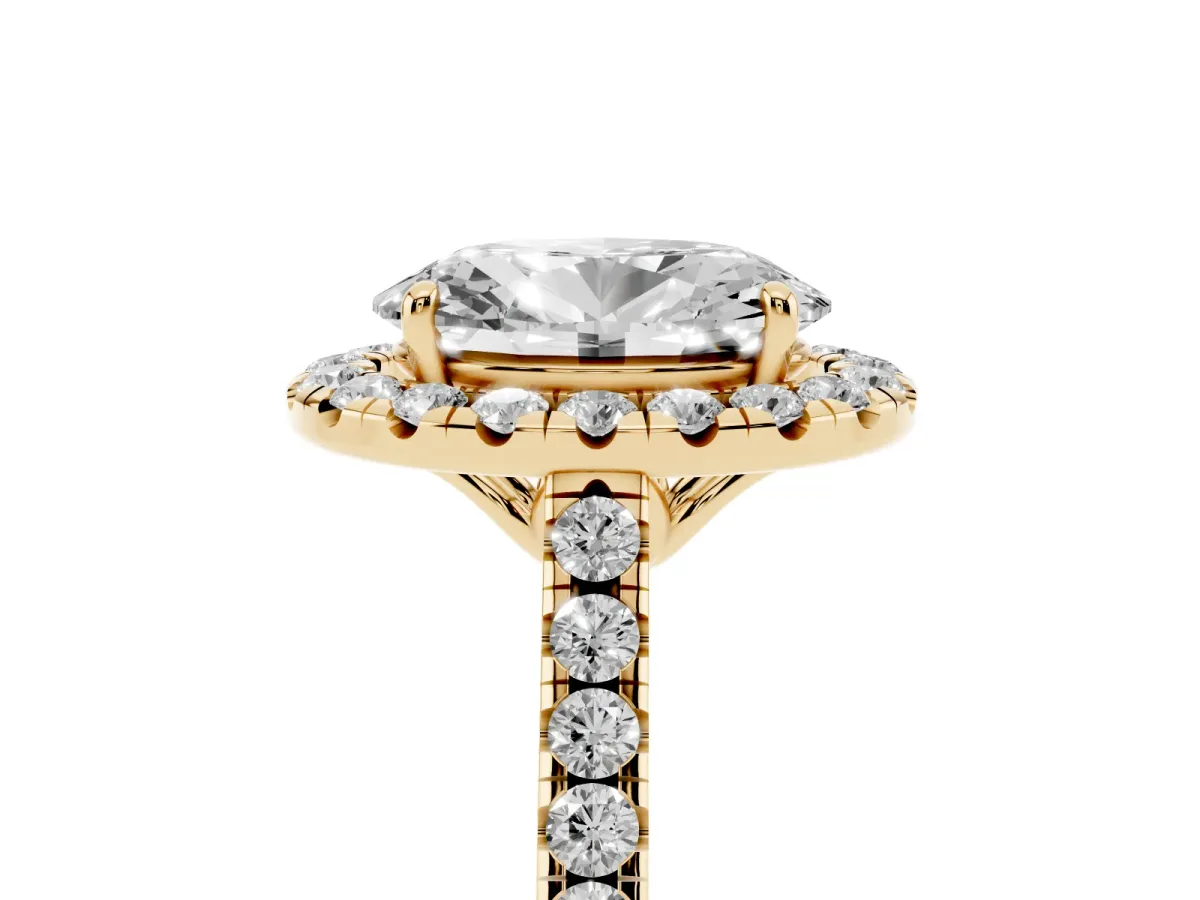 Oval Cut Halo Pavé Diamond Engagement Ring with Four-Prong Setting Yellow gold
