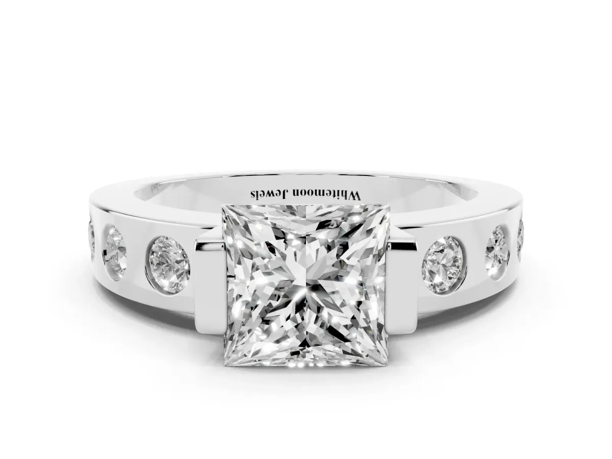 Princess Cut Brilliant Channel-Set Diamond Ring with Bezel Prong Setting Silver
