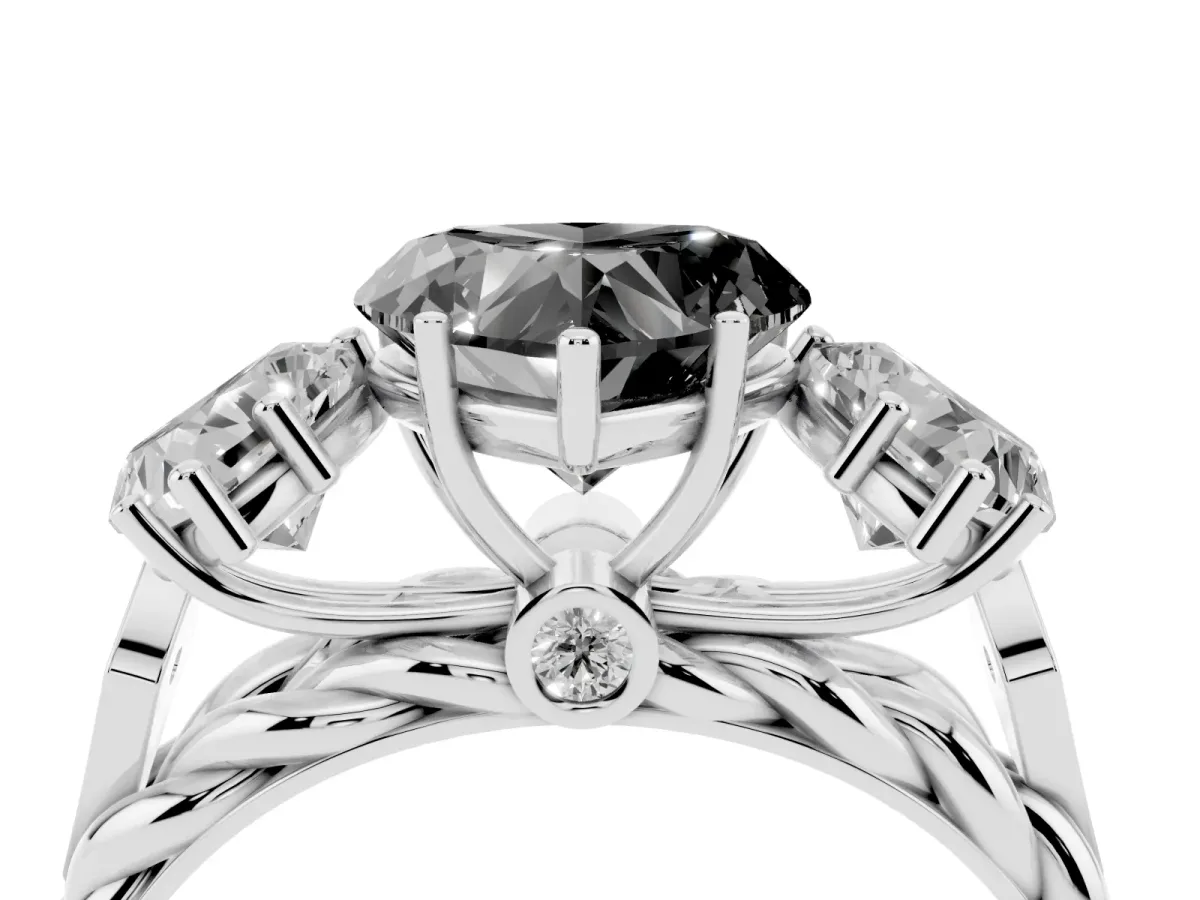 Fancy Black Three-Stone Heart Cut Diamond Braided Band Ring with Four-Prong Setting Silver