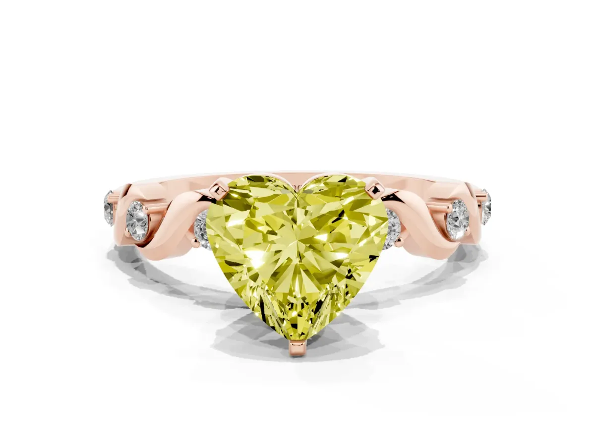 Fancy Yellow Heart Cut Diamond Solitaire Twisted Band with Round Accents and Prong Setting Rose gold