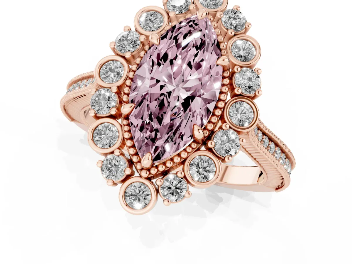 Fancy Pink Marquise Cut Halo Milgrain Pave Diamond Ring with Four-Prong Setting Rose gold