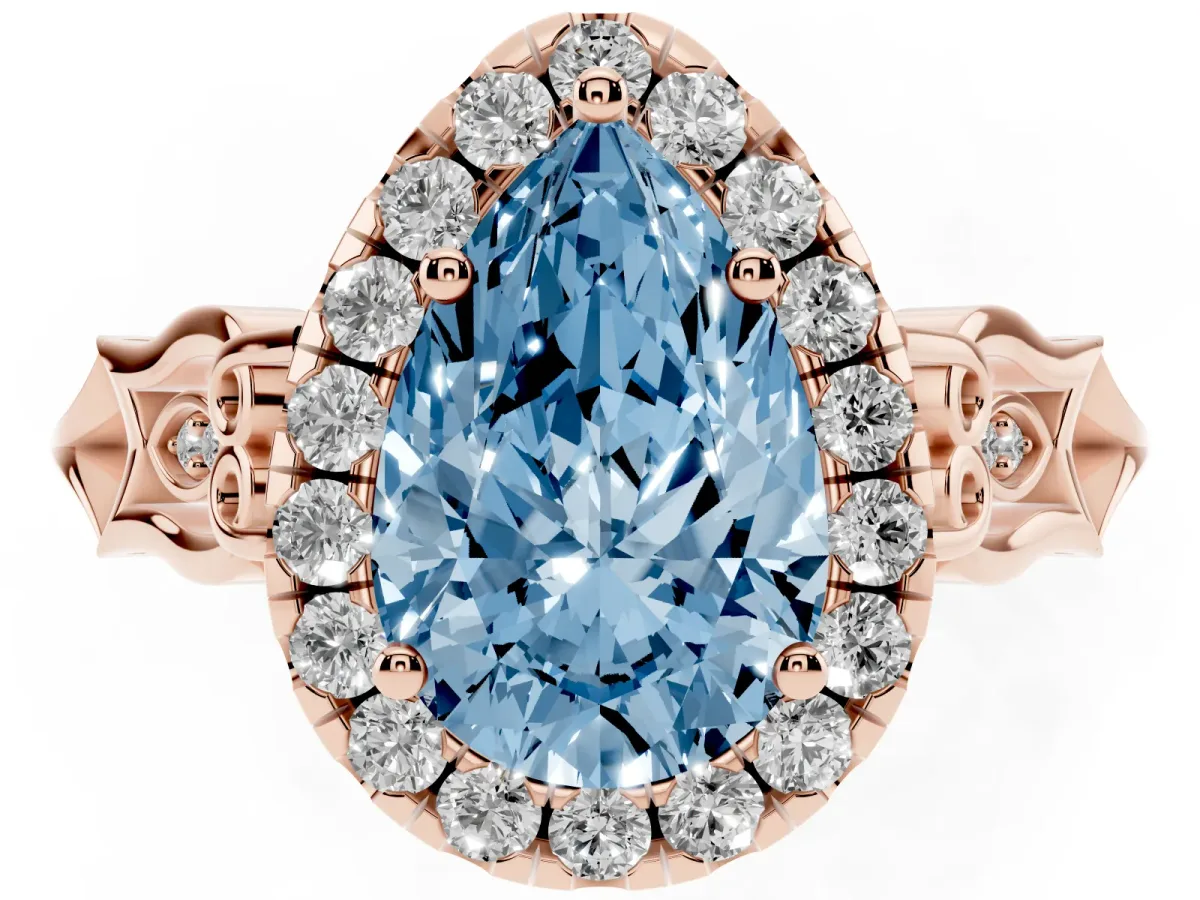 Fancy Blue Pear Cut Halo Diamond Engagement Ring with Filigree Band and Four-Prong Setting Rose gold