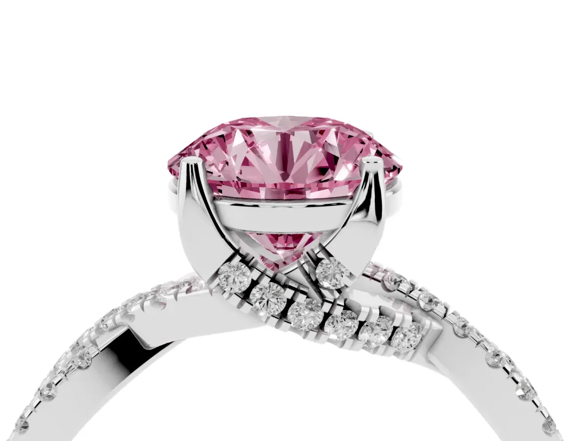 Fancy Pink Round Cut Solitaire Twist Pave Diamond Engagement Ring with Prong Setting Silver