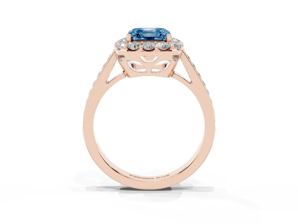 Fancy Blue Asscher Cut Diamond Floral Halo Ring with Pavé Band and Prong Setting Rose gold