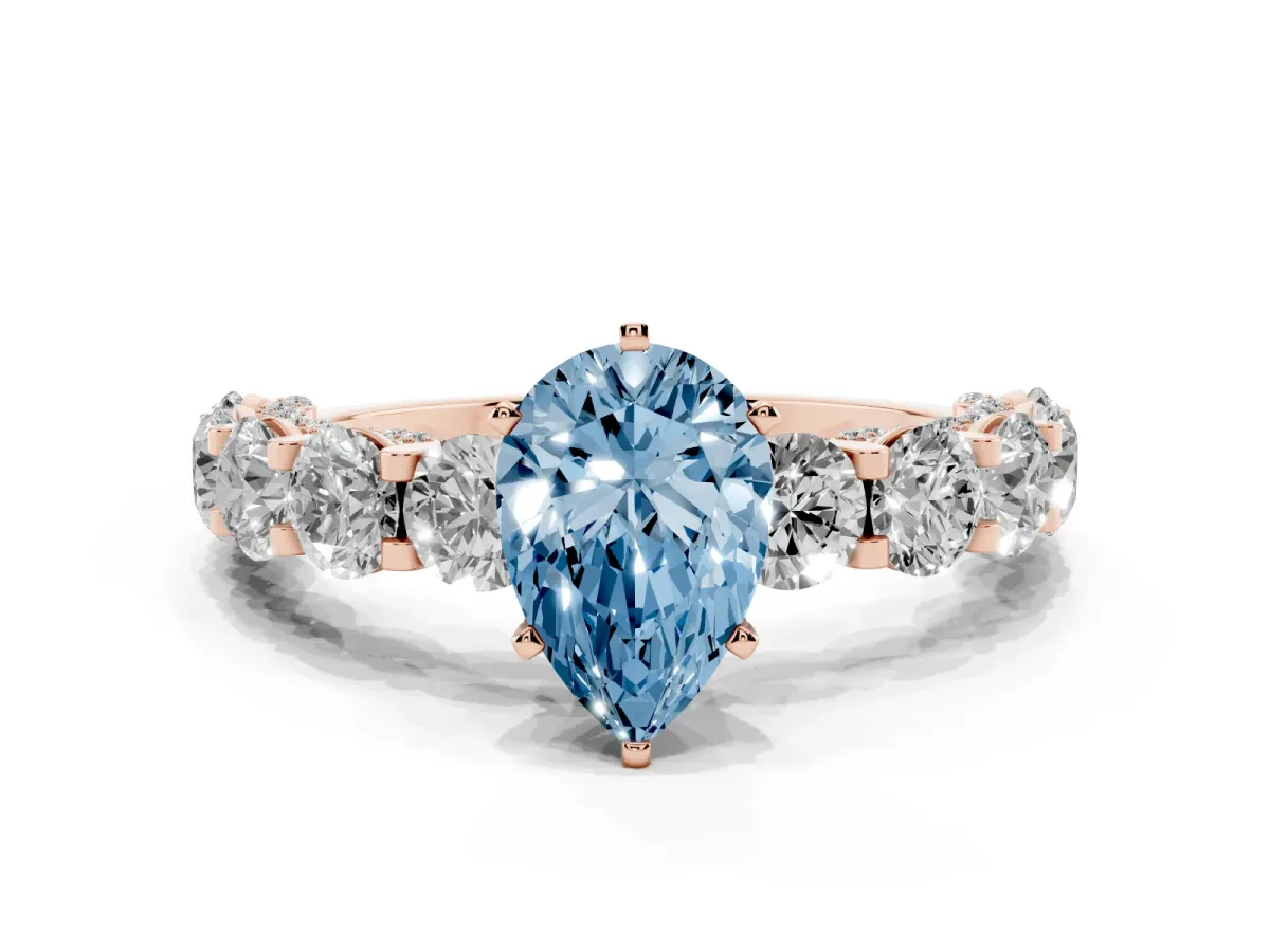 Fancy Blue Pear Cut Diamond Side Stone Engagement Ring with Four-Prong Setting Rose gold