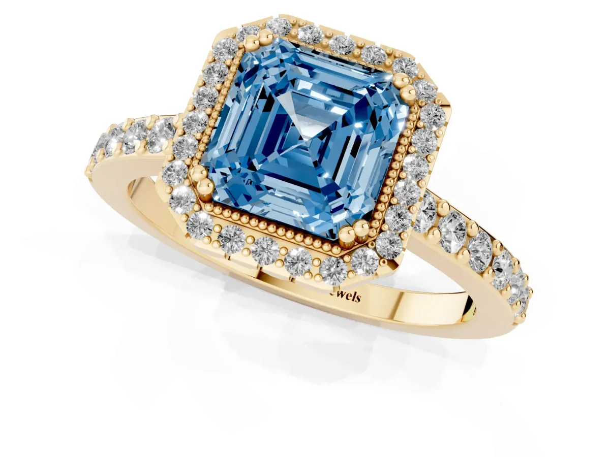 Fancy Blue Asscher Cut Cut Diamond Halo Engagement Ring with Milgrain Detail and Pavé Band Yellow gold