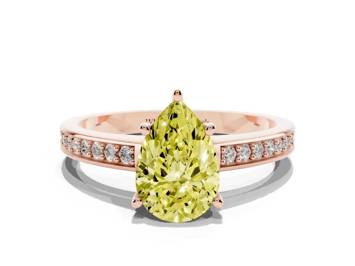 Fancy Yellow Pear Cut Solitaire Pavé Band Prong Setting Ring Rose gold