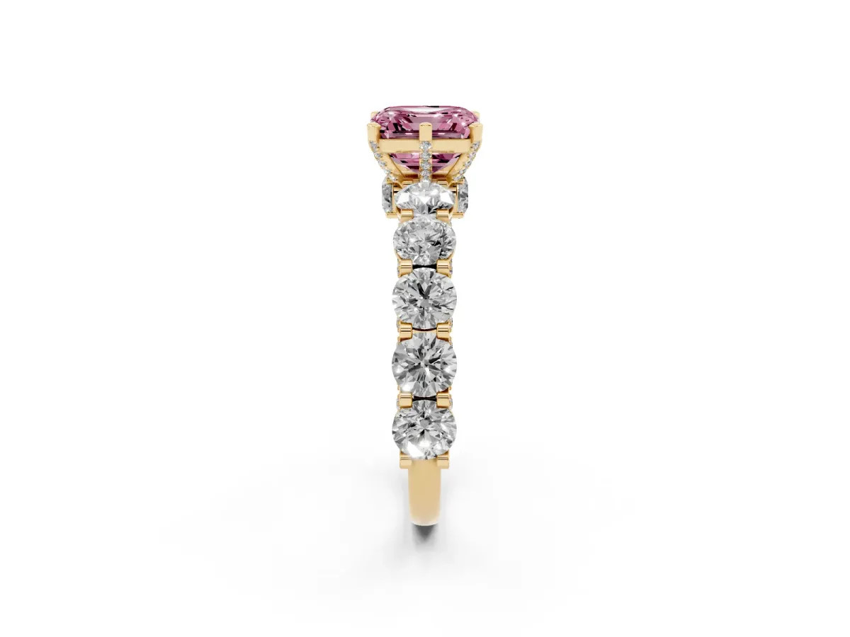 Fancy Pink Asscher Cut Diamond Side Stone Engagement Ring with Four-Prong Setting Yellow gold