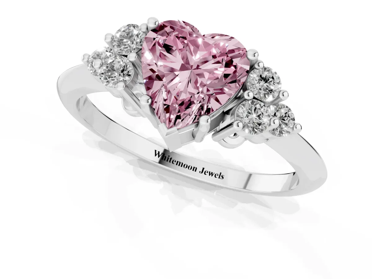 Fancy Pink Heart Cut Cut Diamond Cluster Ring with Solitaire Band and Four-Prong Setting Silver