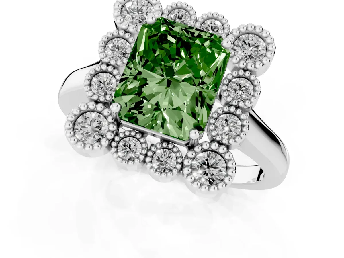 Fancy Green Radiant Cut Halo Diamond Cluster Engagement Ring with Milgrain Bezel Setting and Solitaire Band White gold