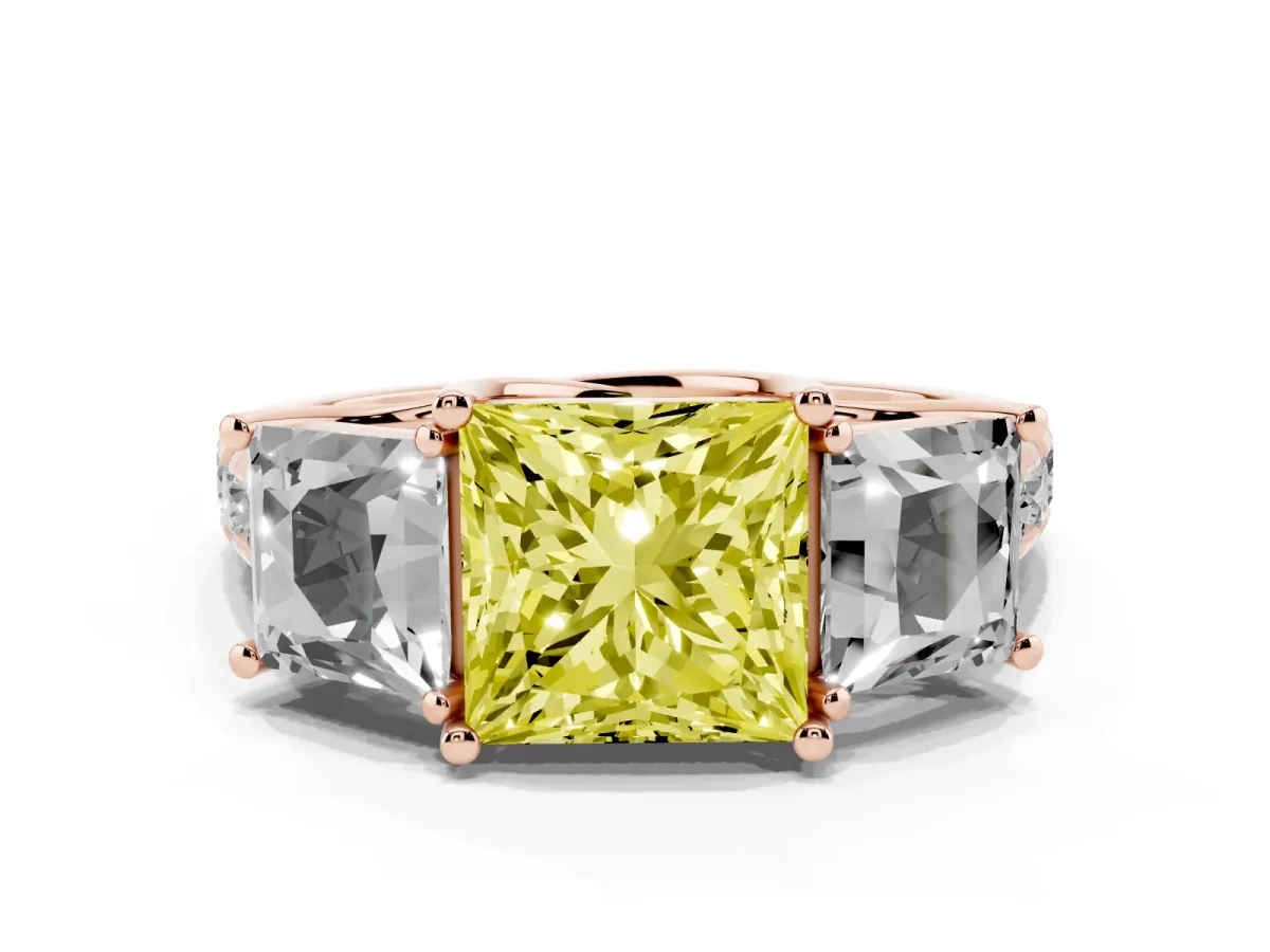 Fancy Yellow Three-Stone Princess Cut Diamond Pavé Band with Prong Setting Rose gold