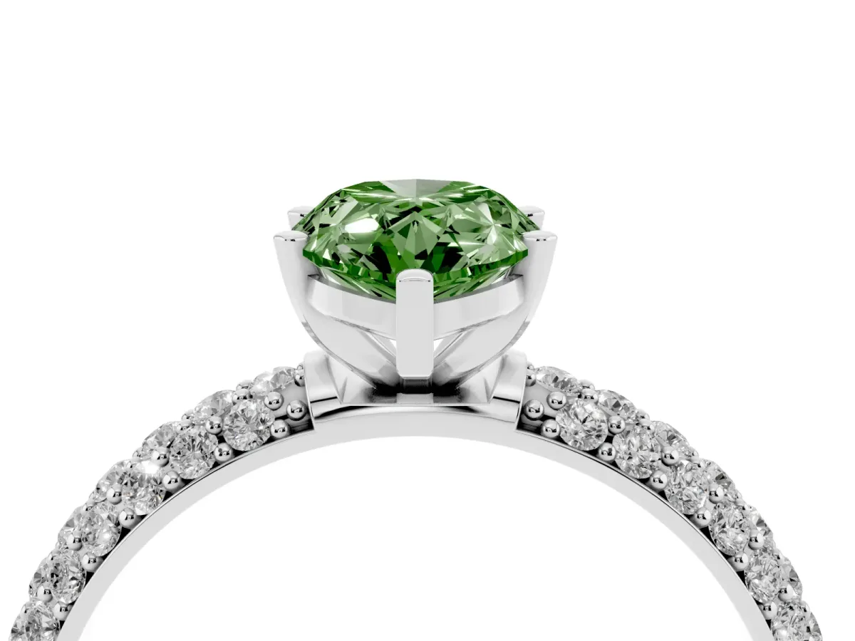 Fancy Green Pear Cut Diamond Solitaire Ring with Prong Setting and Pavé Band Silver