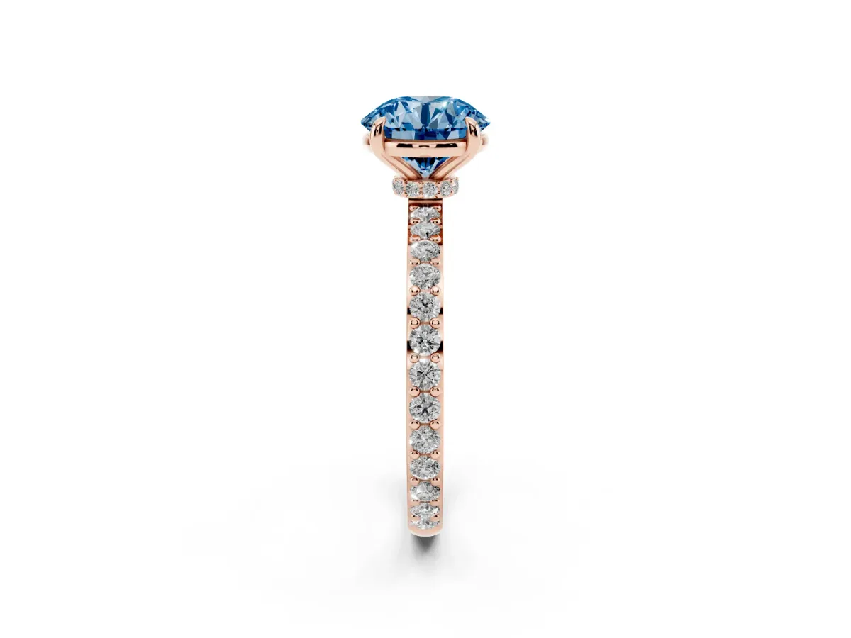 Fancy Blue Round Cut Diamond Pavé Engagement Ring with Round Accents and Prong Setting Rose gold