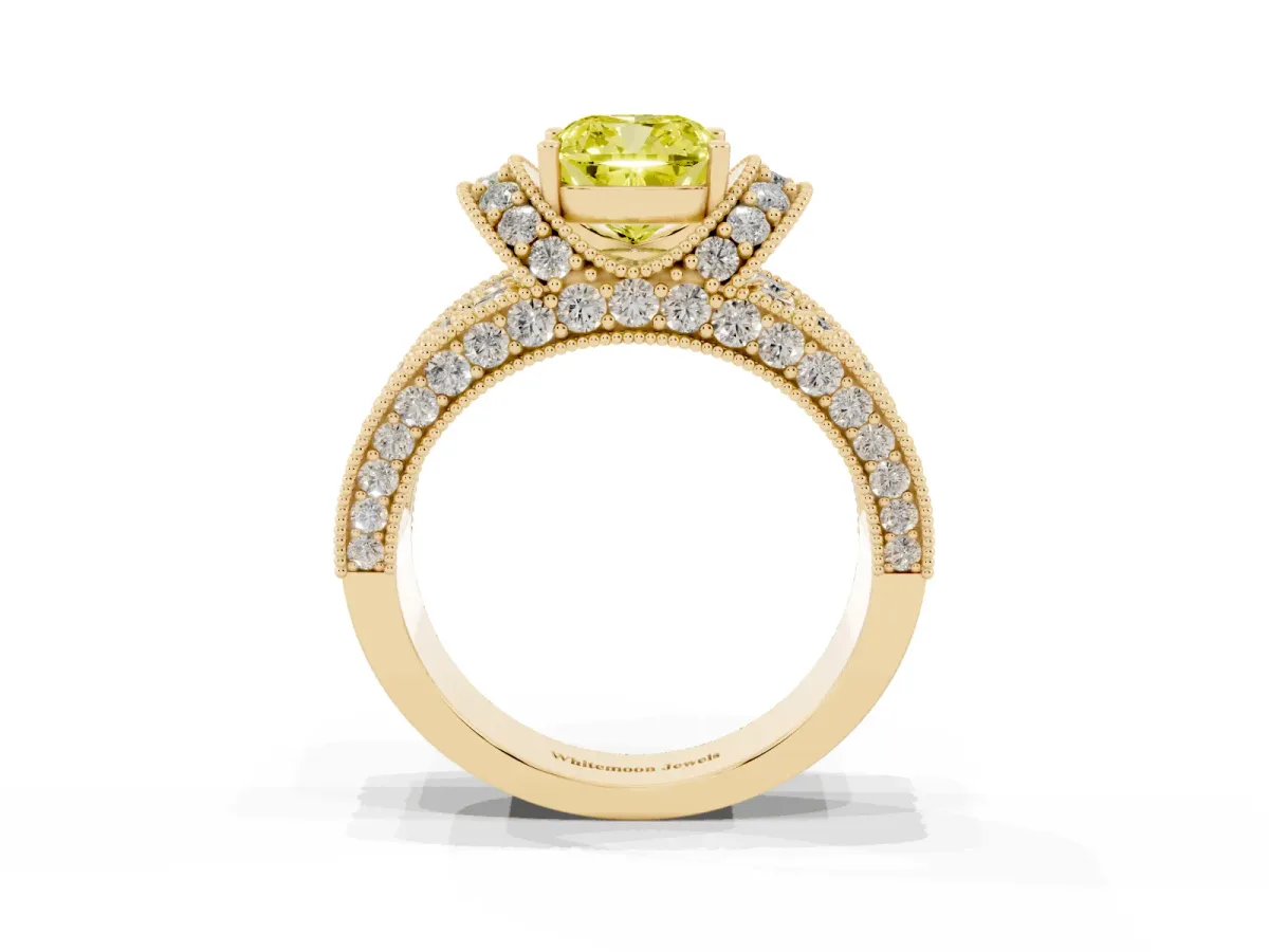 Fancy Yellow Cushion Cut Halo Pave Diamond Engagement Ring with Milgrain Detailing Yellow gold