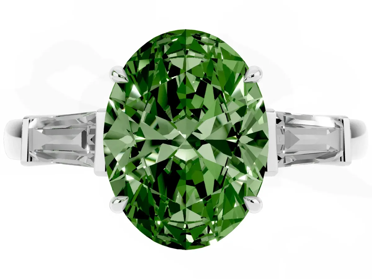 Fancy Green Oval Cut Diamond Three-Stone Ring with Tapered Baguette Side Stones and Prong Setting White gold