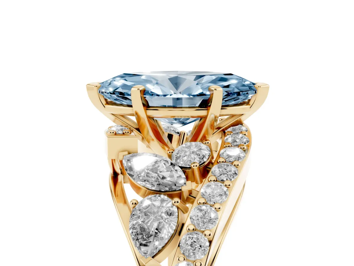 Fancy Blue Marquise Cut Diamond Halo Ring with Marquise and Pavé Band in Prong Setting Yellow gold