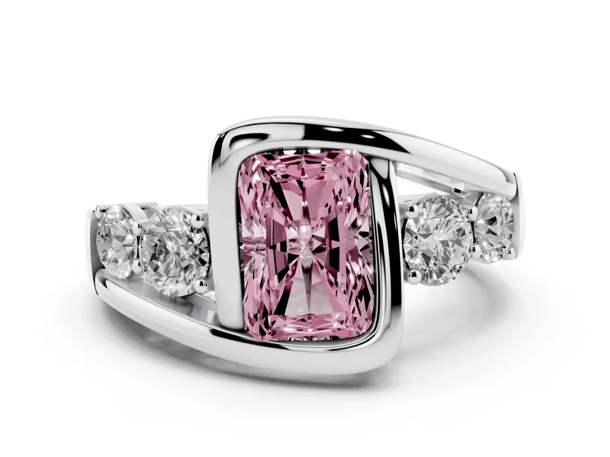 Fancy Pink Bezel Set Radiant Cut Diamond Bypass Ring with Round Accents Silver