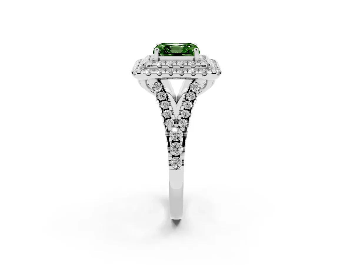 Fancy Green Double Halo Asscher Cut Diamond Pavé Split Shank Ring with Prong Setting Silver