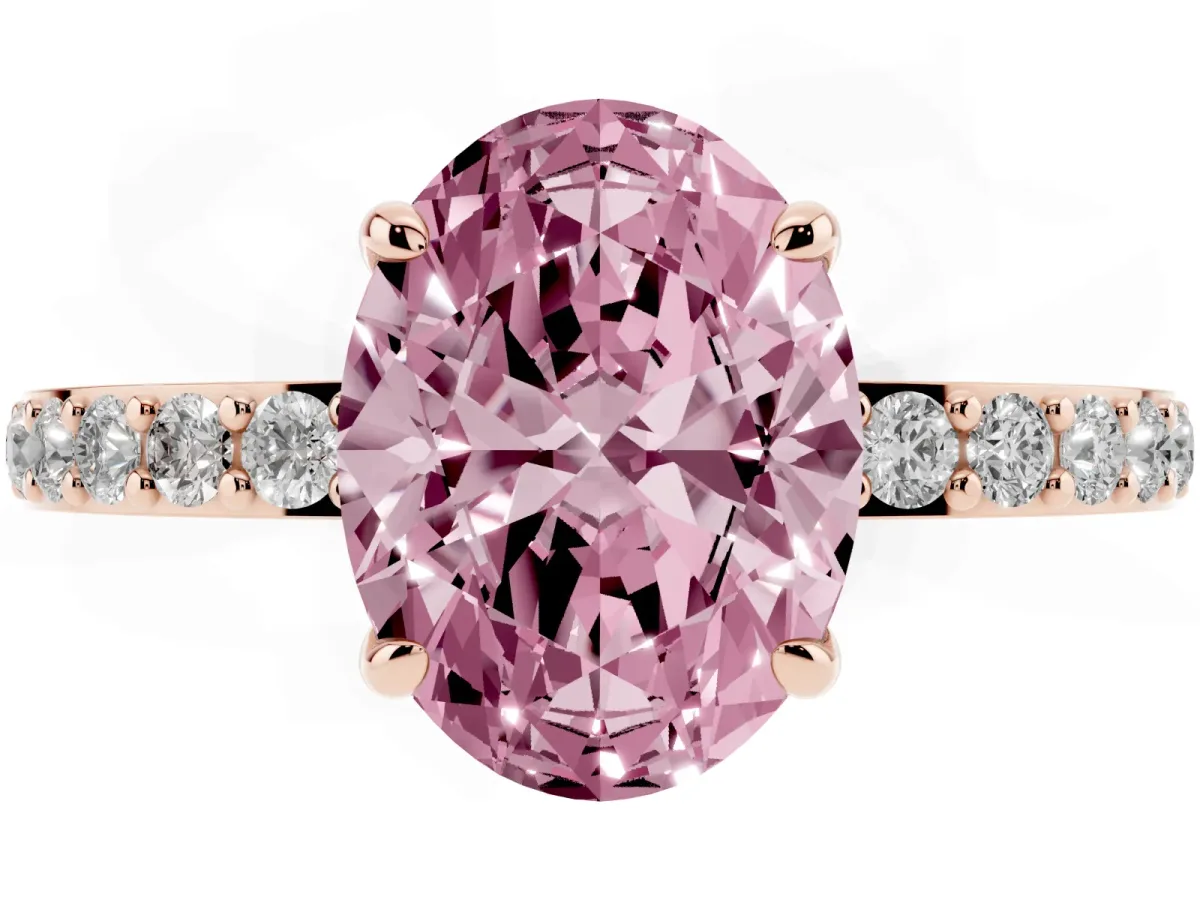 Fancy Pink Oval Cut Diamond Pavé Engagement Ring with Round Accents and Prong Setting Rose gold