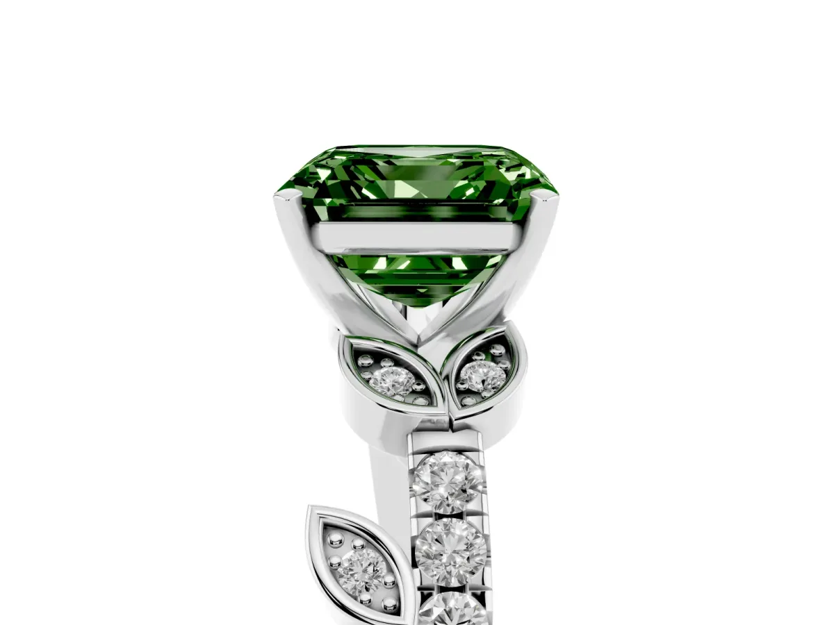 Fancy Green Asscher Cut Solitaire Leaf-Inspired Diamond Ring with Pavé Band and Four-Prong Setting White gold