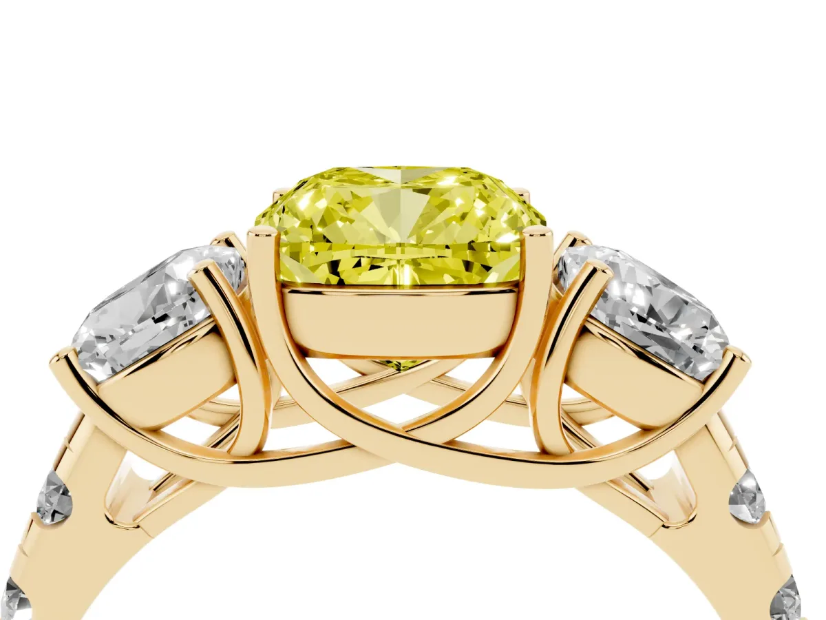 Fancy Yellow Three-Stone Cushion Cut Diamond Pavé Band with Prong Setting Yellow gold