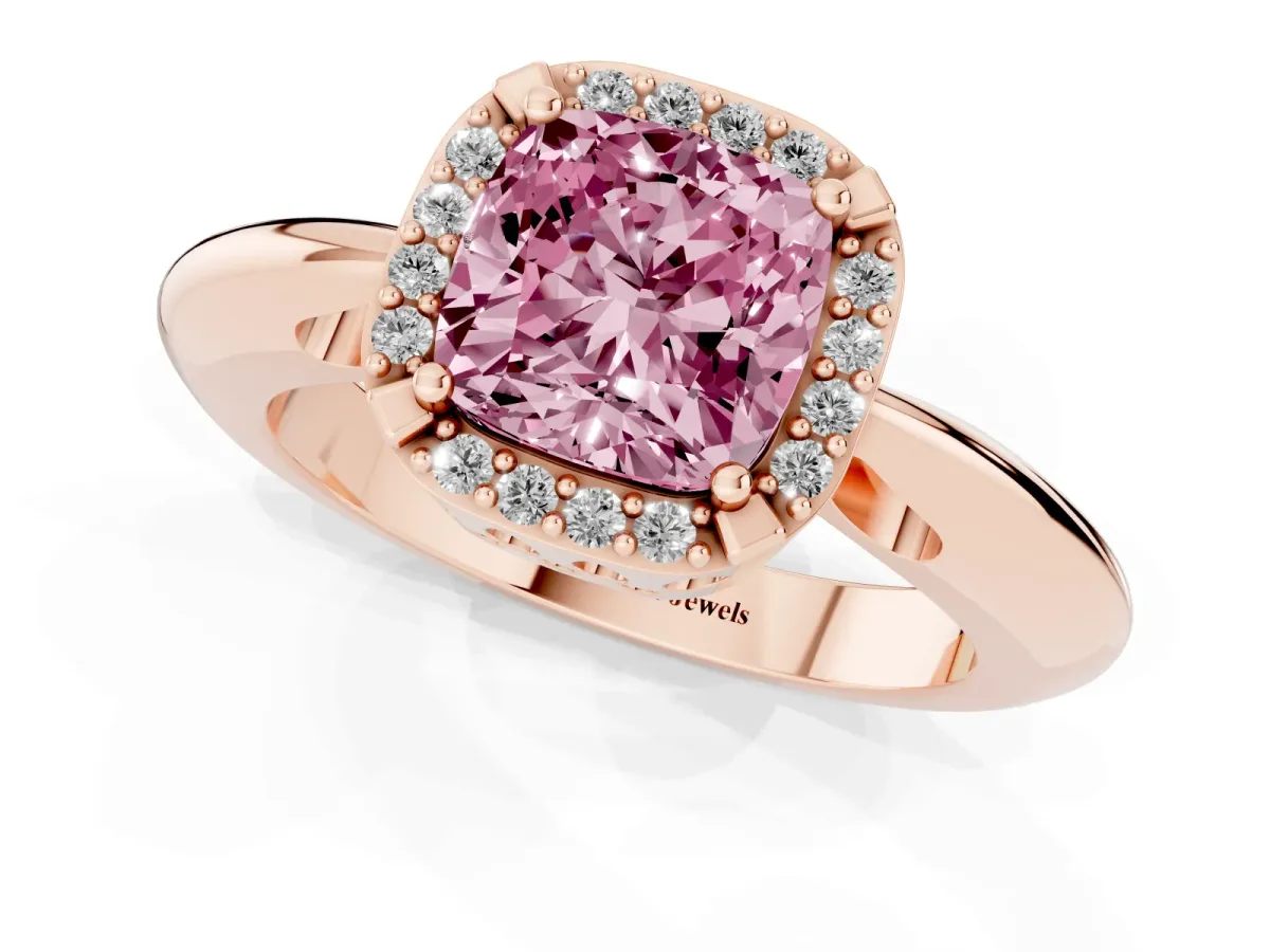 Fancy Pink Cushion Cut Cut Diamond Halo Engagement Ring with Split Shank and Four-Prong Setting Rose gold