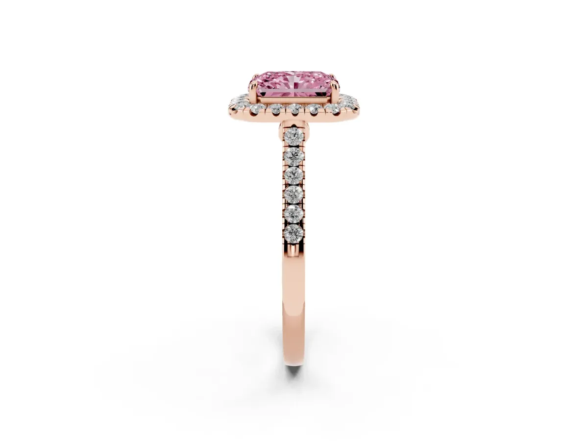 Fancy Pink Radiant Cut Halo Pave Diamond Engagement Ring with Four-Prong Setting Rose gold