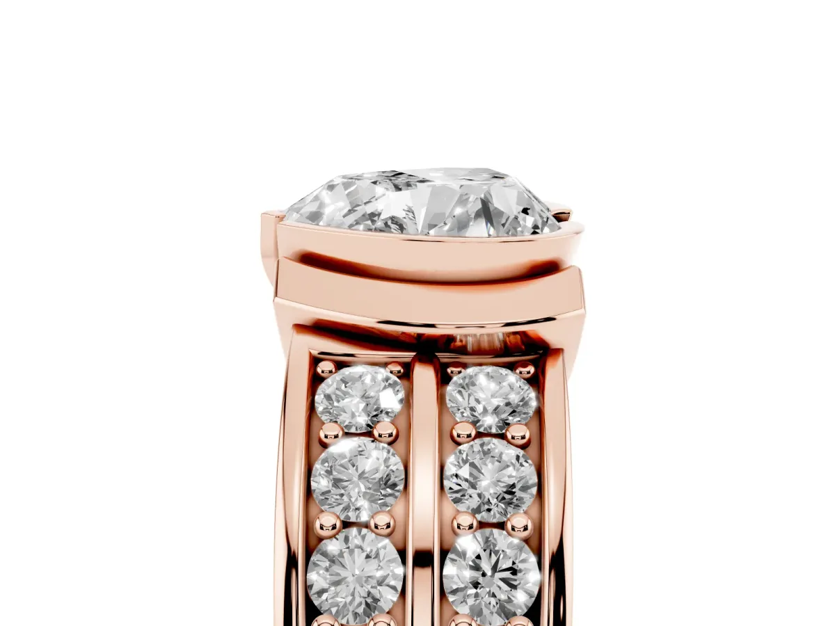 Heart Cut Brilliant Diamond Channel Set Wide Band Ring with Bezel Setting Rose gold