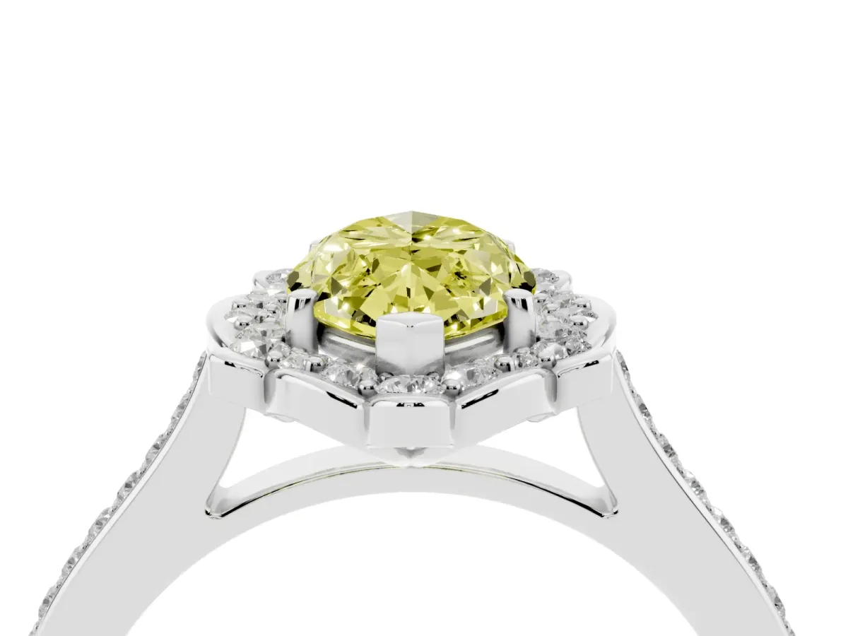 Fancy Yellow Marquise Cut Halo Round Diamond Pave Band with Four-Prong Setting Platinum