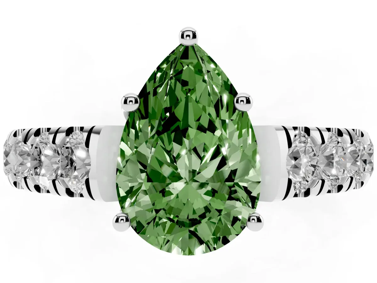 Fancy Green Pear Cut Cut Diamond Solitaire Ring with Micro Pave Band and Prong Setting Platinum