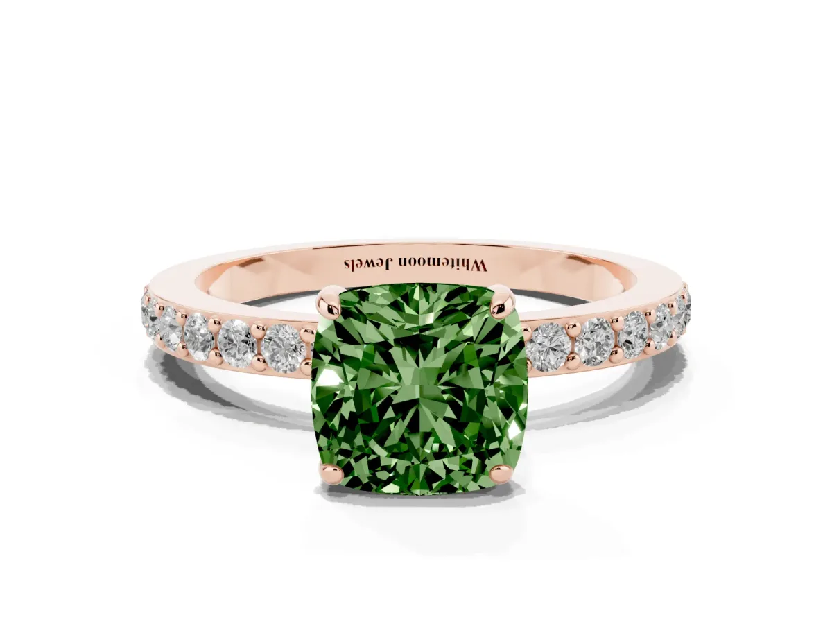 Fancy Green Cushion Cut Diamond Pavé Engagement Ring with Round Accents and Prong Setting Rose gold