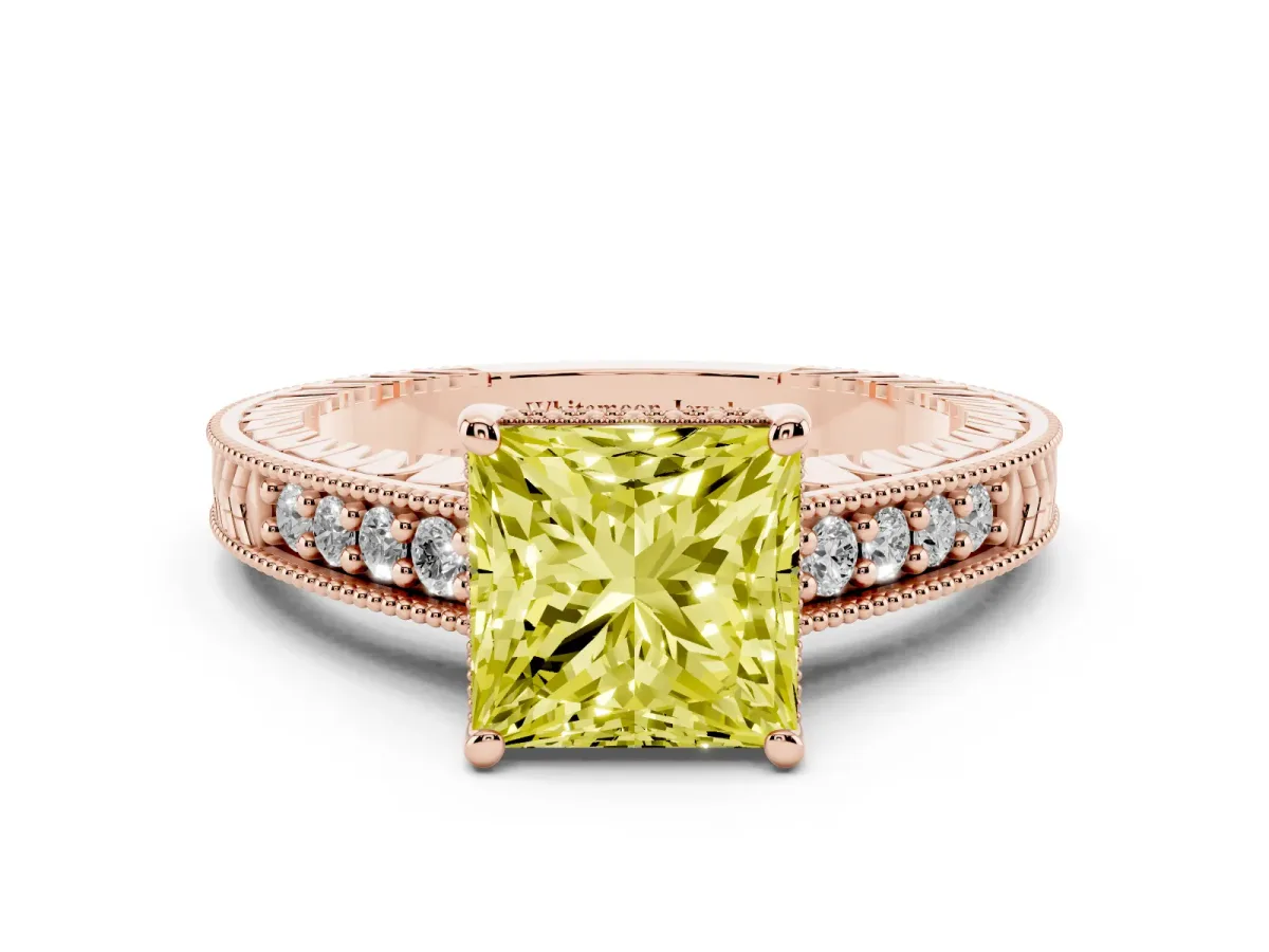 Fancy Yellow Princess Cut Solitaire Pavé Diamond Milgrain Engagement Ring with Four-Prong Setting Rose gold