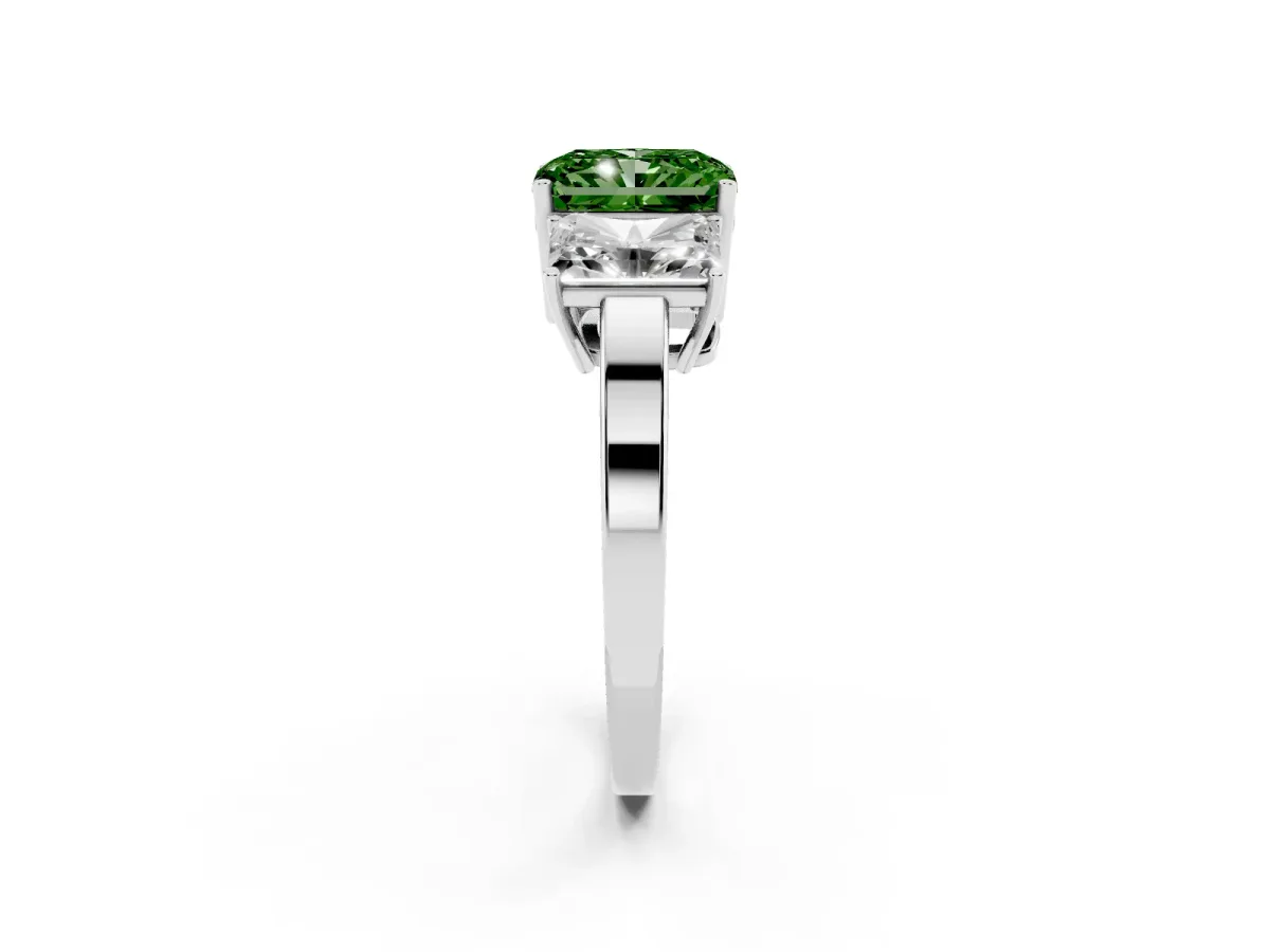 Fancy Green Three-Stone Radiant Cut Cut Diamond Engagement Ring with Flat Band and Four-Prong Setting Silver