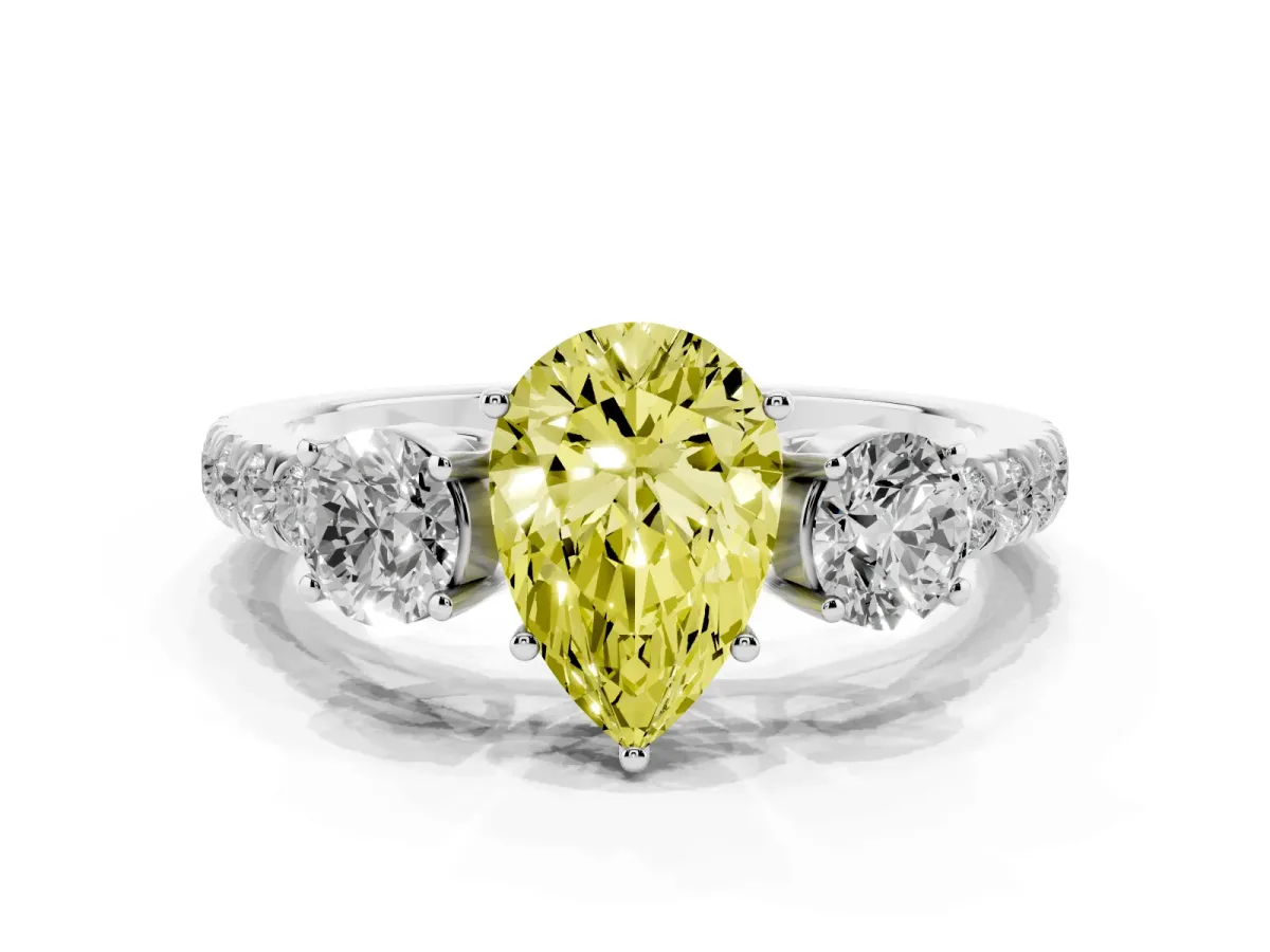 Fancy Yellow Pear Cut Cut Diamond Three-Stone Ring with Round Side Stones and Pavé Band Silver