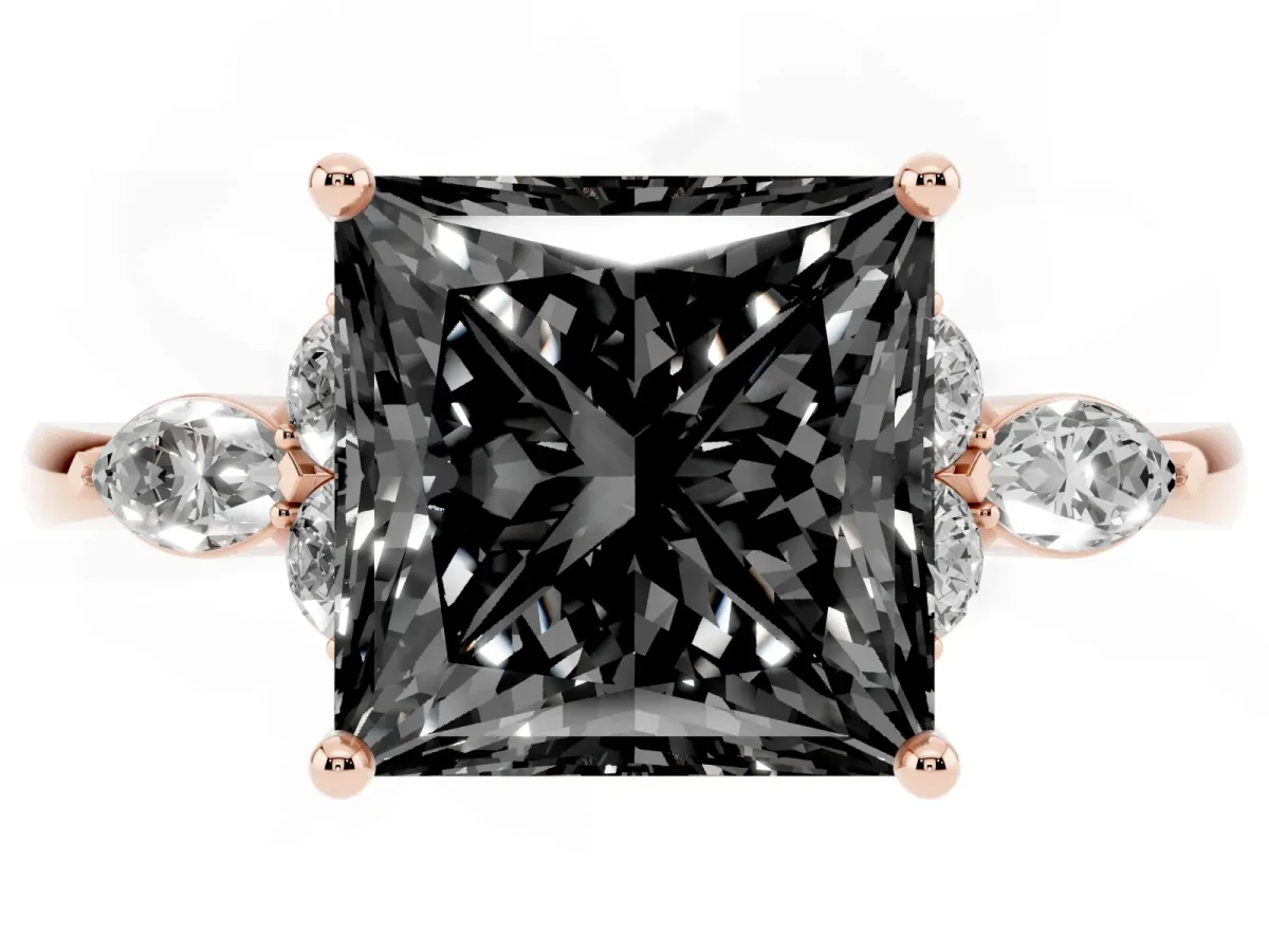 Fancy Black Princess Cut Brilliant Diamond Solitaire Ring with Pear Side Stones and Four-Prong Setting Rose gold