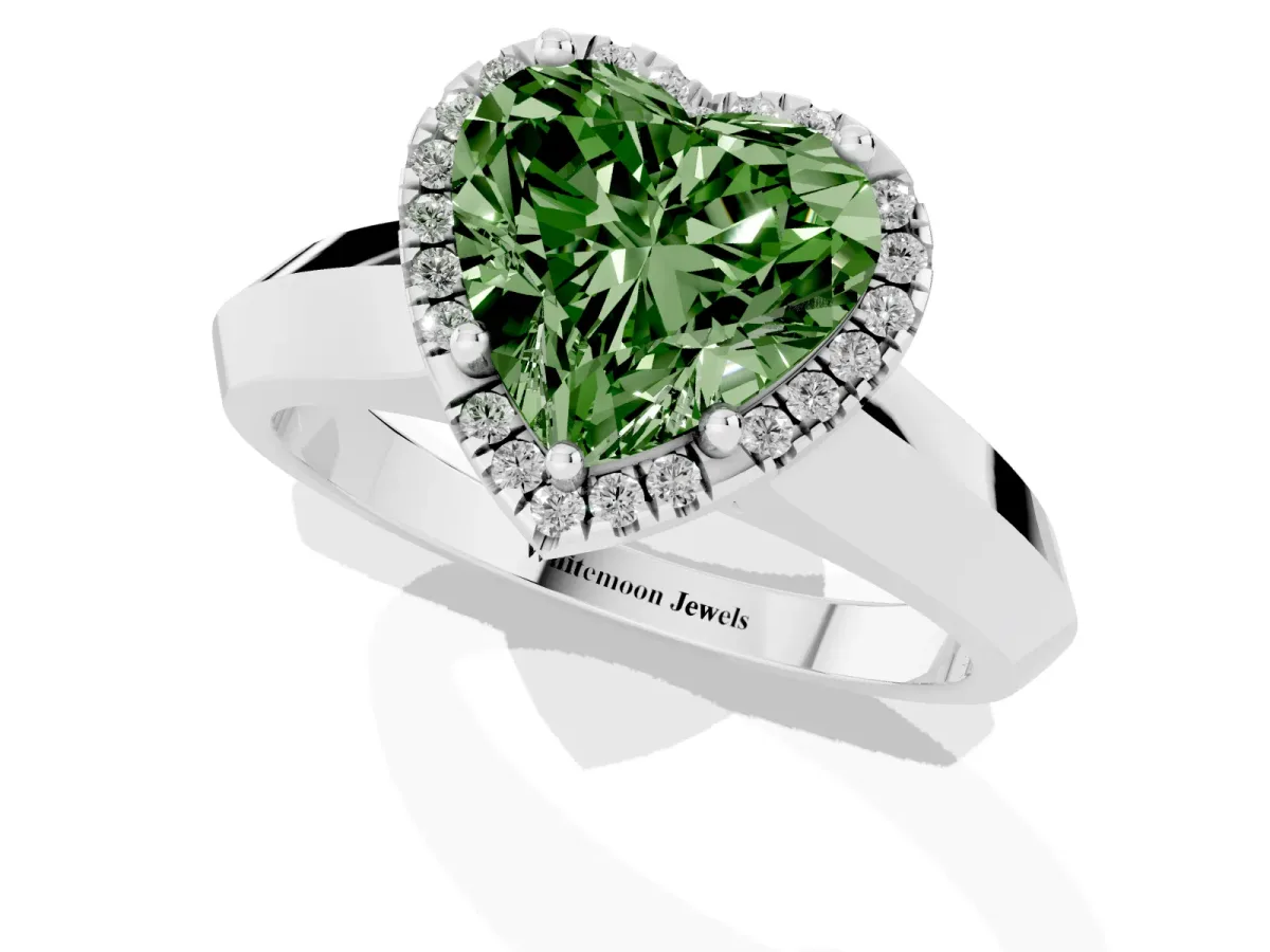 Fancy Green Heart Cut Halo Diamond Ring with Cathedral Band and Four-Prong Setting White gold