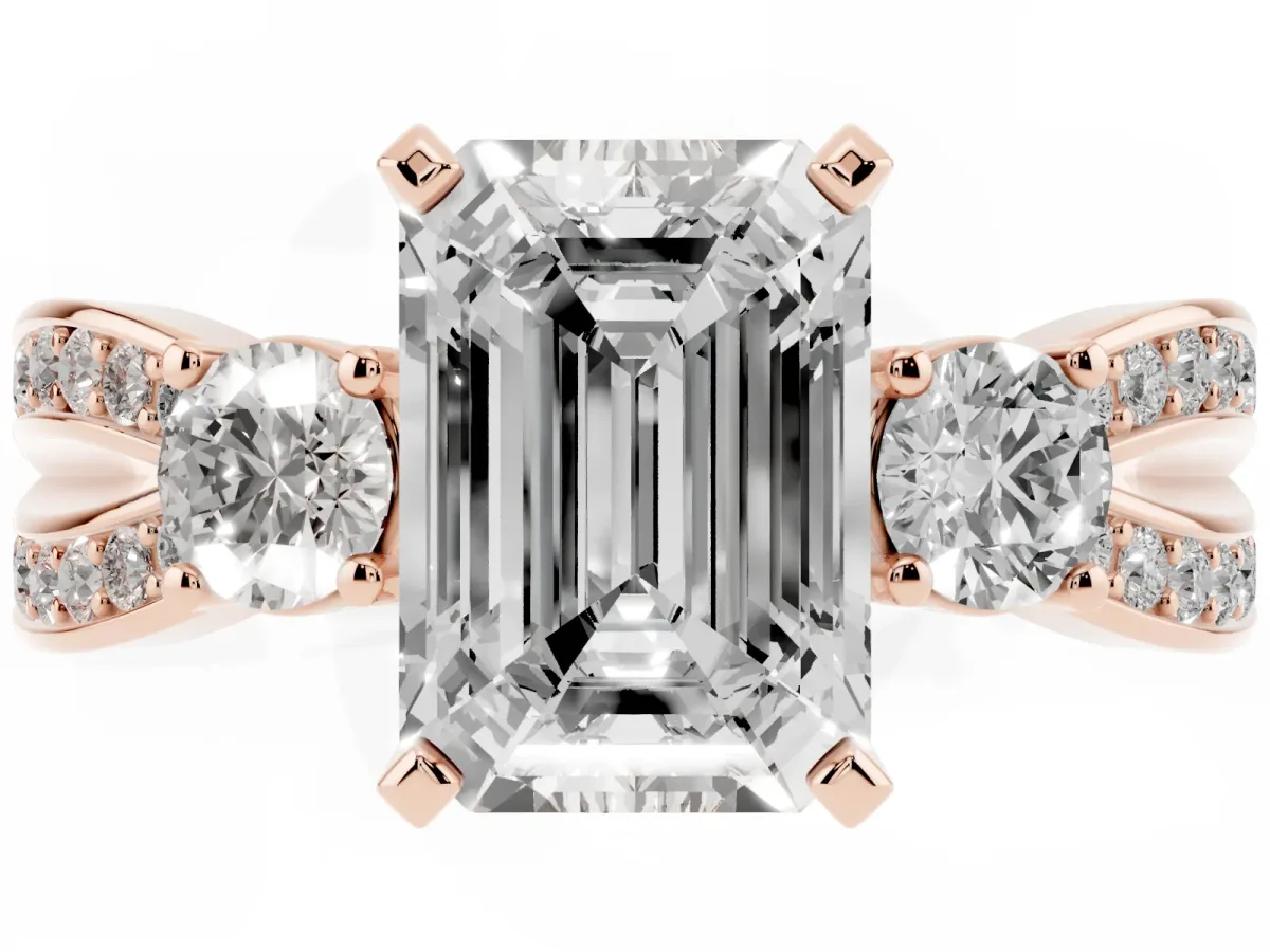 Three-Stone Emerald Cut Cut Diamond Twist Band with Prong Setting Rose gold