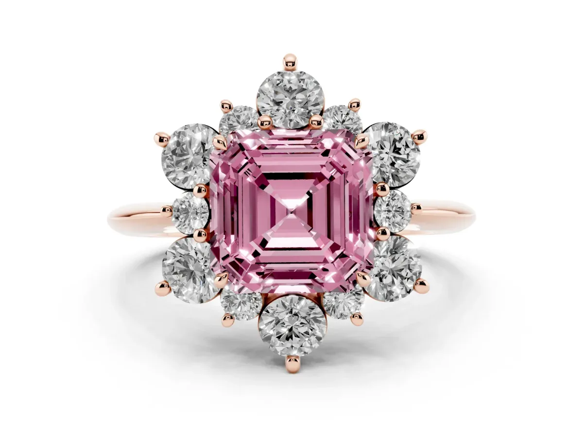 Fancy Pink Asscher Cut Diamond Cluster Halo Ring with Solitaire Band and Four-Prong Setting Rose gold