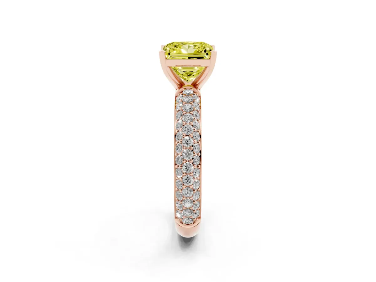 Fancy Yellow Princess Cut Diamond Solitaire Ring with Prong Setting and Pavé Band Rose gold