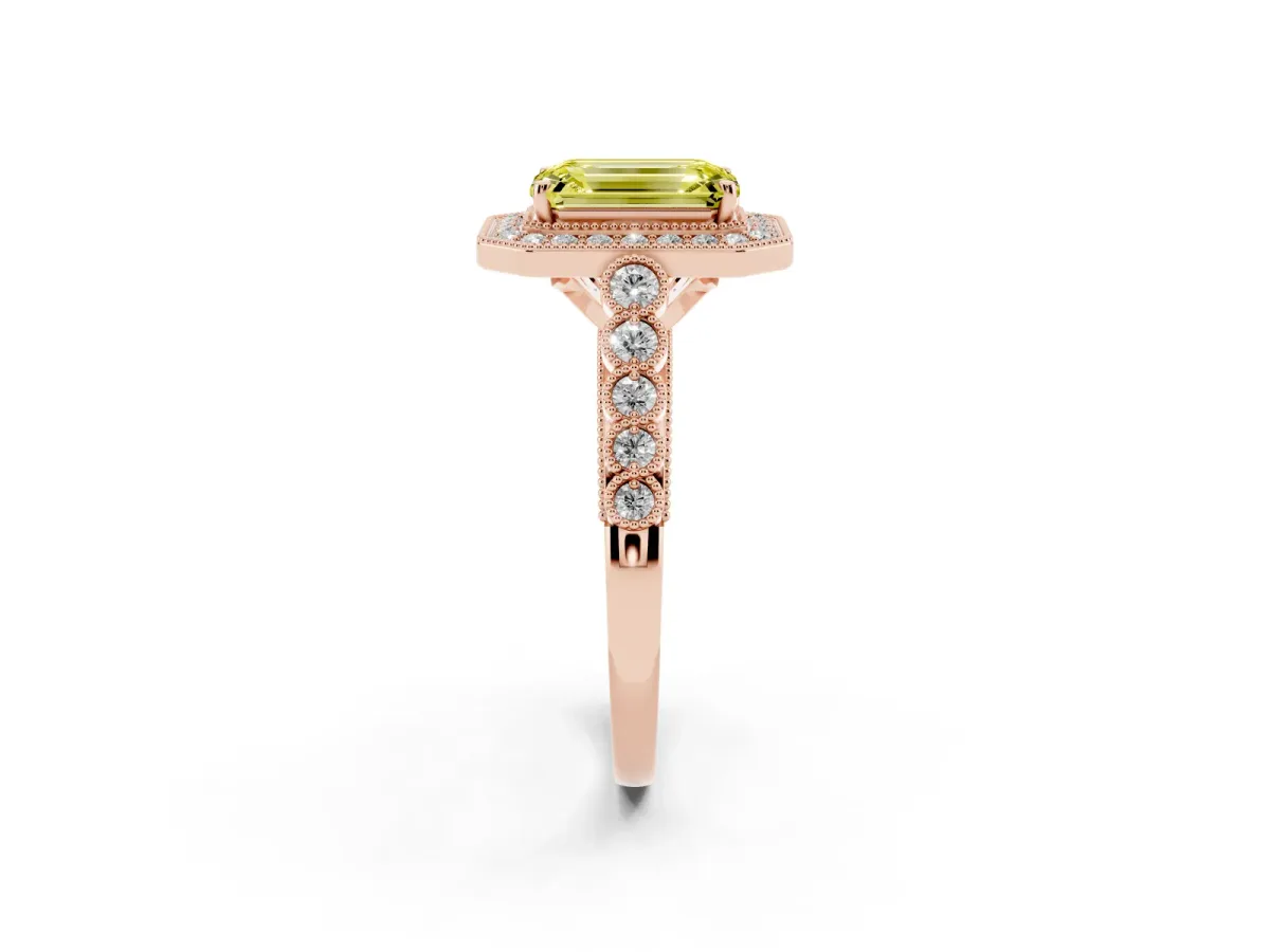 Fancy Yellow Emerald Cut Halo Milgrain Solitaire with Bezel Set Side Stones and Pave Band Rose gold