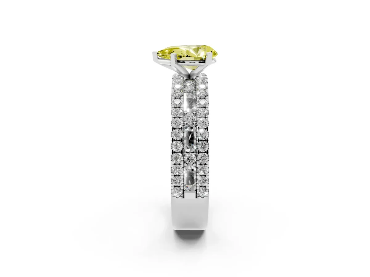 Fancy Yellow Pear Cut Diamond Solitaire Ring with Pavé and Channel Set Band Silver