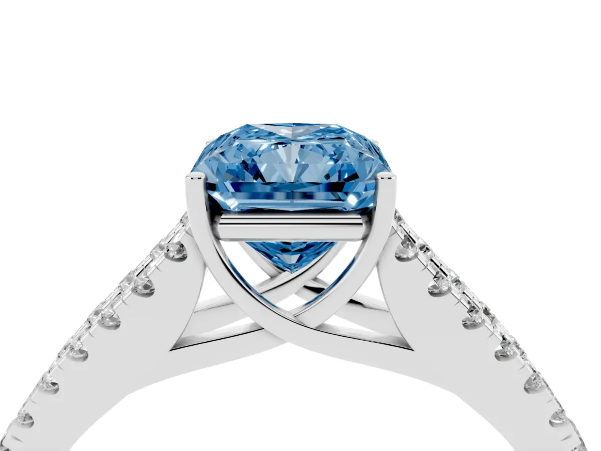 Fancy Blue Radiant Cut Diamond Split Shank Pavé Engagement Ring with Four-Prong Setting White gold