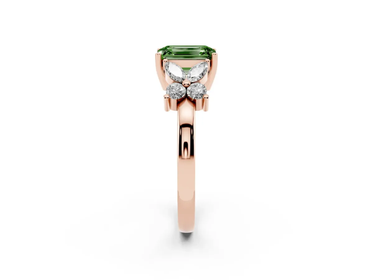 Fancy Green Emerald Cut Diamond Floral Cluster Ring with Solitaire Band and Prong Setting Rose gold