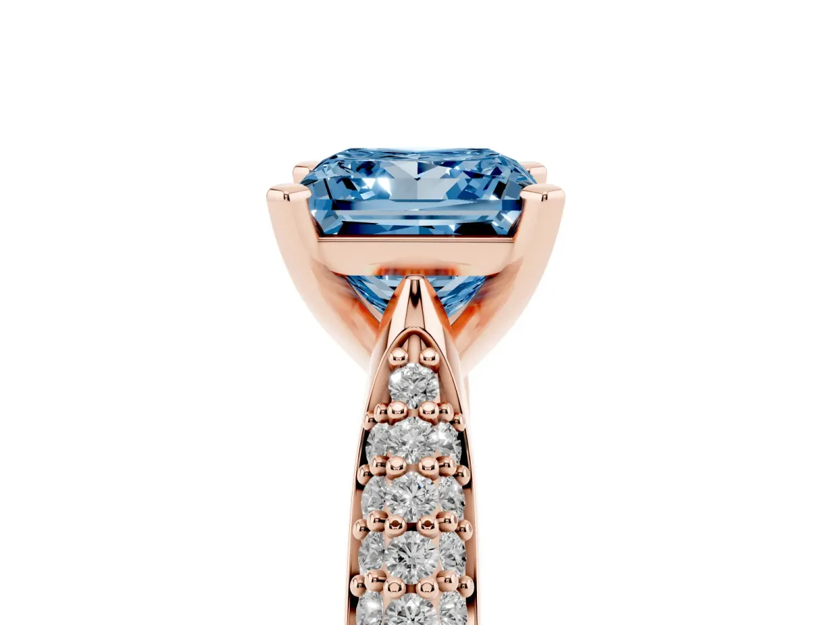 Fancy Blue Princess Cut Diamond Solitaire Engagement Ring with Multi-Row Round Pavé Band and Prong Setting Rose gold