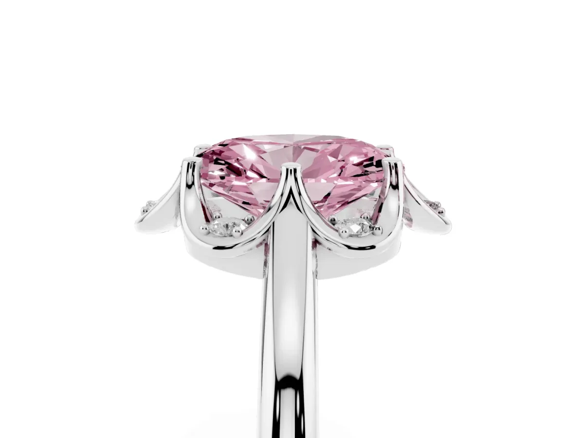 Fancy Pink Oval Cut Halo Diamond Ring with Round Cluster Setting, Solitaire Band, and Four-Prong Setting White gold