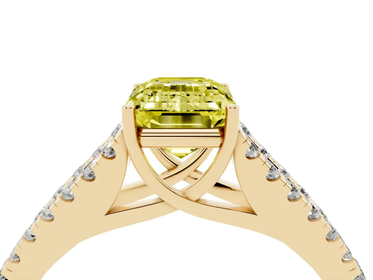 Fancy Yellow Emerald Cut Diamond Split Shank Engagement Ring with Round Pavé and Prong Setting Yellow gold