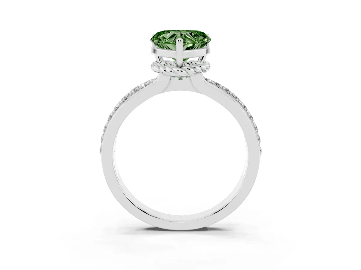Fancy Green Heart Cut Solitaire Diamond Ring with Channel Set Band and Six-Prong Setting Silver