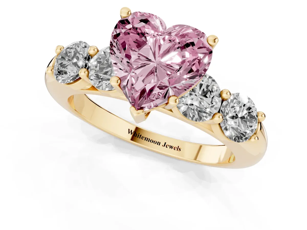 Fancy Pink Heart Cut Cut Five-Stone Prong Set Diamond Ring with Classic Band Yellow gold